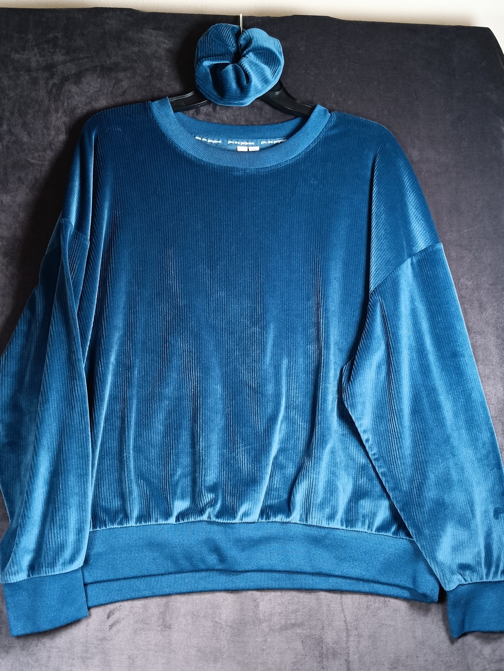 Blue Velvet Crewneck Plush Pullover With Matching Hair Tie